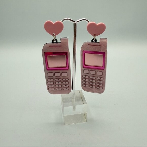 Pink Heart Cell Phone Acrylic Pierced Earrings - Picture 7 of 9